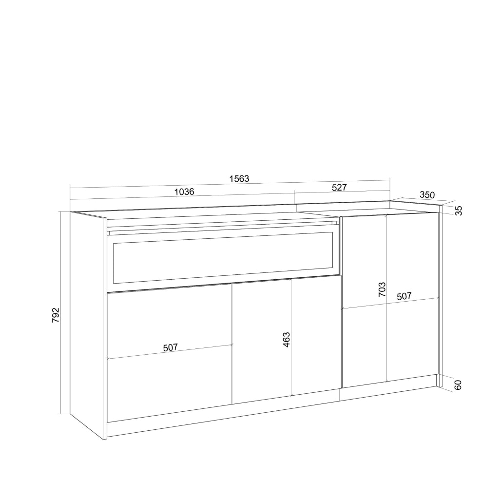 Credenza, Mobile, Cucina, 156x80x37 cm, 3 Porte, Camino elettrico, Bianco e Rovere soft