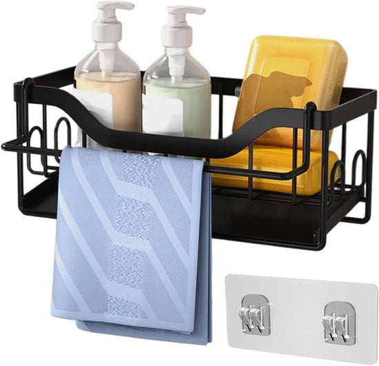 Organizzatore cucina appeso in nero con supporto asciugamano e supporto spugna per il lavello - Cassetto cucina appeso senza perforazione con doppio utilizzo - Accessorio per tavolo di lavoro con vaschetta di scarico.