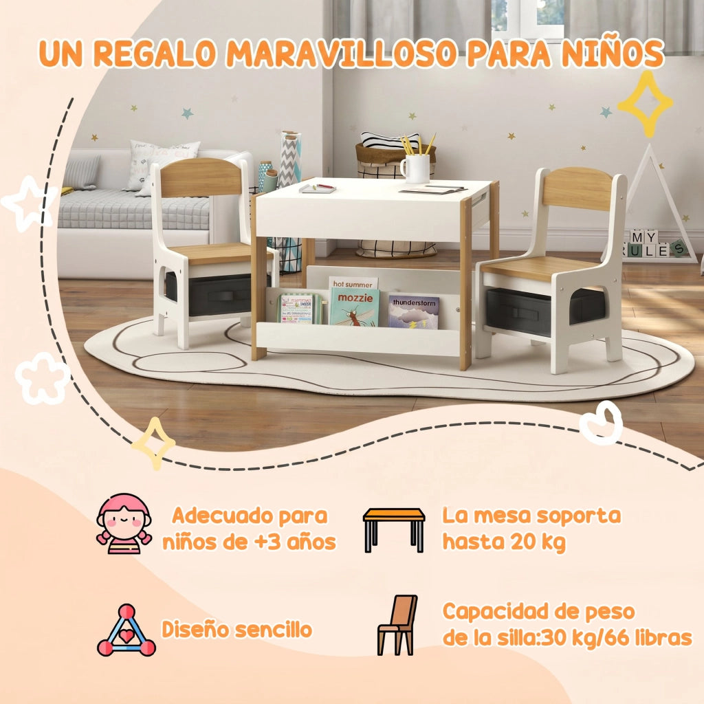 Tavolo per Bambini con Sgabelli e Pannello ¨C Minimal ¨C Bianco e Naturale 90x50x55