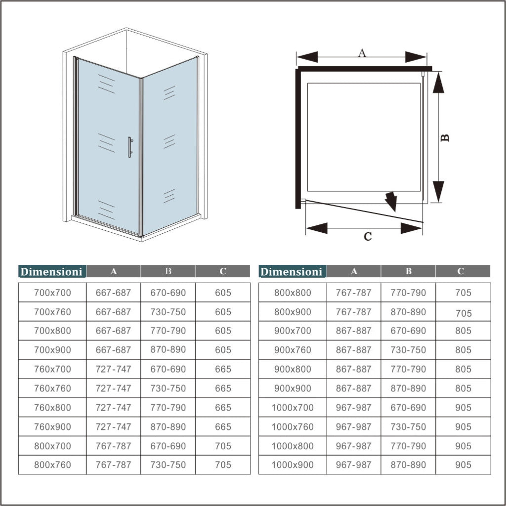195cm Box Doccia Angolare Porta Battente con Parete Fissa 90x80cm in Vetro Temperato Satinato Opaco 6 mm Anticalcare con Barra Stabilizzatrice 140 cm (montaggio verso irreversibile)