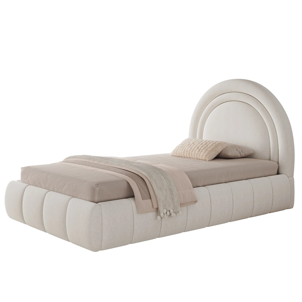 Letto contenitore per bambini 90×200 cm; letto singolo con apertura idraulica e testiera imbottita; senza materasso; beige