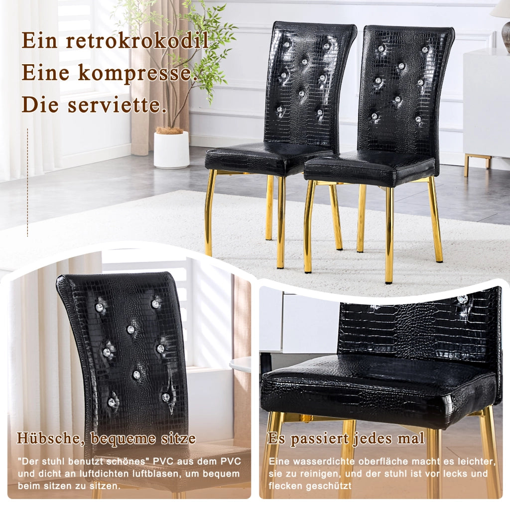 Sedia da Pranzo Set da 4 con Schienale Imbottito, Gambe in Metallo Dorato, in PVC Nero e Oro