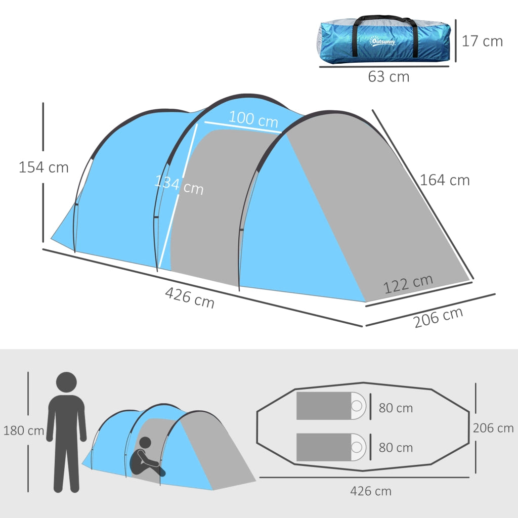 Tenda a tunnel per 2-3 persone, tenda da campeggio 190T con picchetti, in fibra di vetro e poliestere, azzurra, 426x206x154 cm