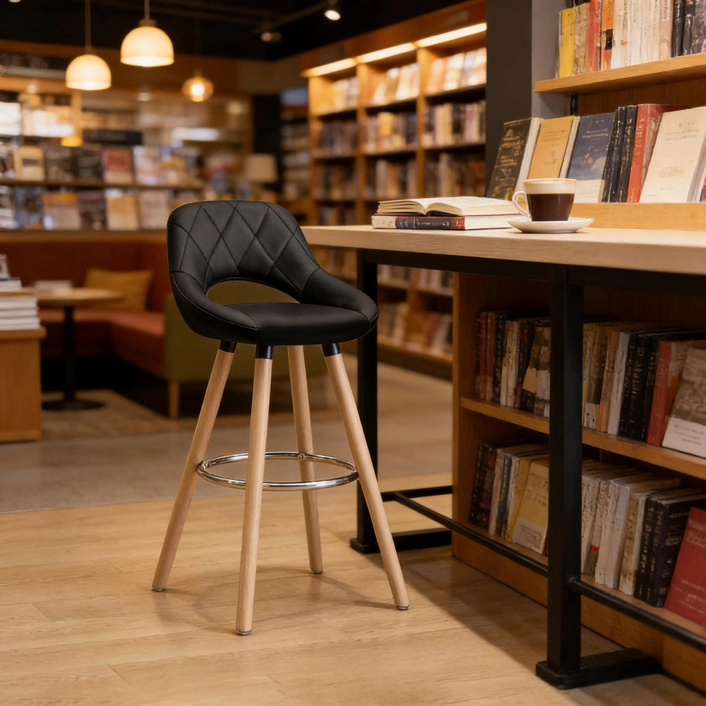 Sgabello da bar con schienale ergonomico e seduta in similpelle per cucina; bar e locali in legno nero