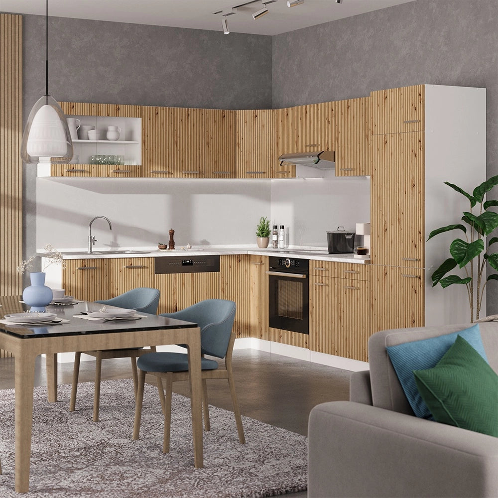 Cucina angolare completa R-Line Rovere artigianale/Bianco 287 x 227 cm, PL Marmo Vicco