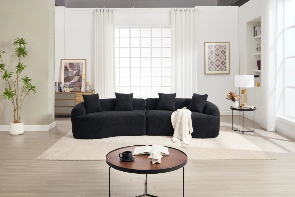 Divano angolare modulare 4 posti con design curvo per soggiorno in chenille nero stile moderno 275×115×63 cm