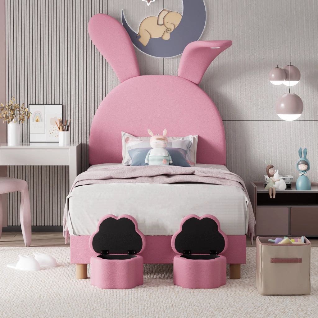 OKWISH Letto Bambini 90×200 cm, Letto Singolo con 2 Panche Contenitore, LED e Orecchie da Coniglio Pieghevoli, senza Materasso, Velluto Rosa