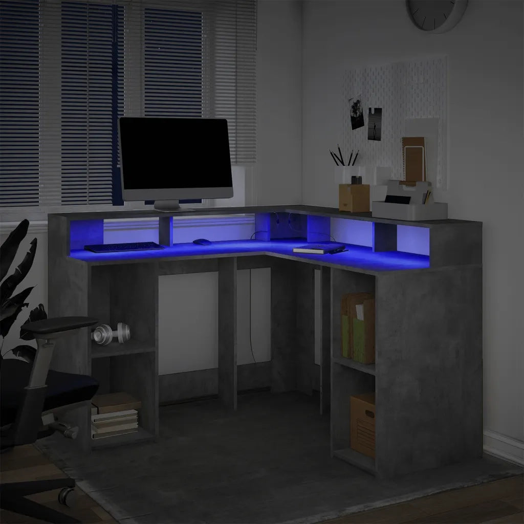 Scrivania | Tavolo da Ufficio con Luci LED Grigio Cemento 130x130x91 cm Multistrato