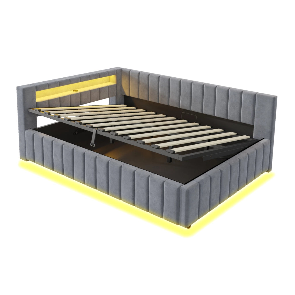 Letto imbottito 140x200 con contenitore idraulico, LED e USB