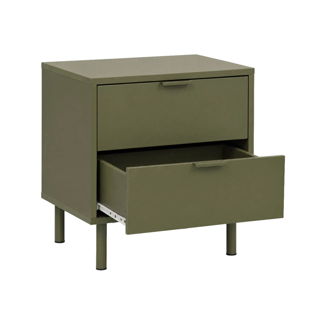 Comodino decorativo in legno e metallo 2 cassetti, verde kaki
