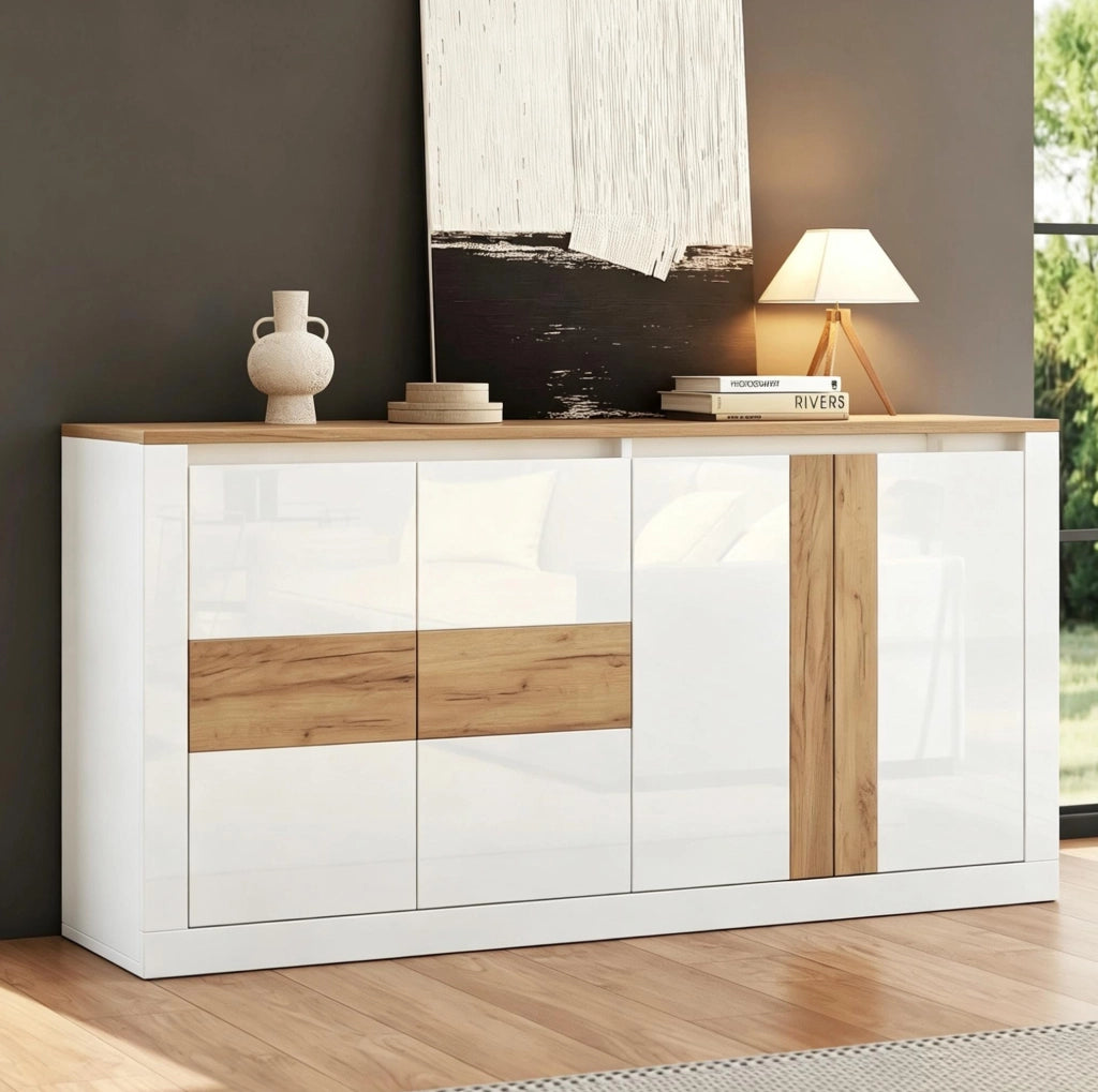 Sideboard moderno 140x35x70 cm in MDF con 4 porte e LED RGB; bianco e rovere naturale