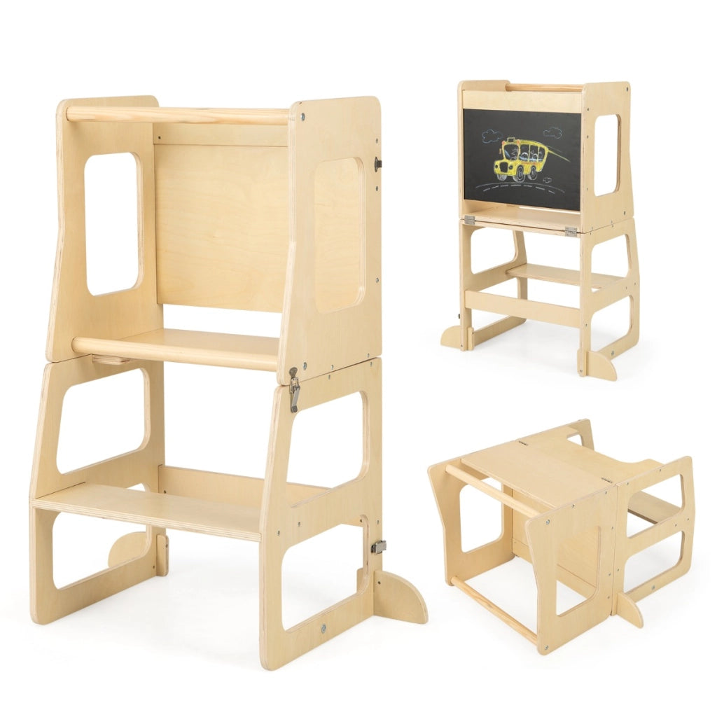 Torre apprendimento da cucina pieghevole per bambini 3 in 1, Sgabello montessori per bambini con lavagna Naturale