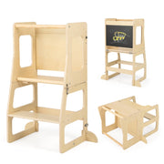 Torre apprendimento da cucina pieghevole per bambini 3 in 1, Sgabello montessori per bambini con lavagna Naturale
