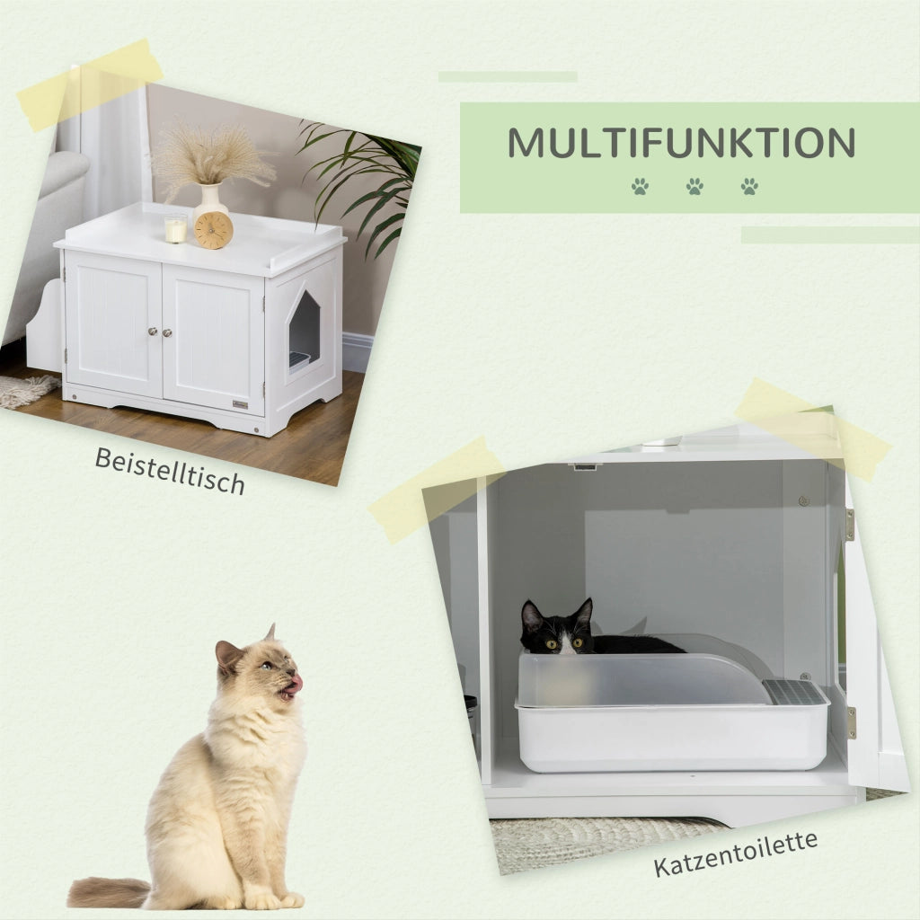 Mobiletto/lettiera per gatti con divisorio regolabile e sportelli magnetici, bianco, 86x48x52 cm, per una gestione elegante del gatto.