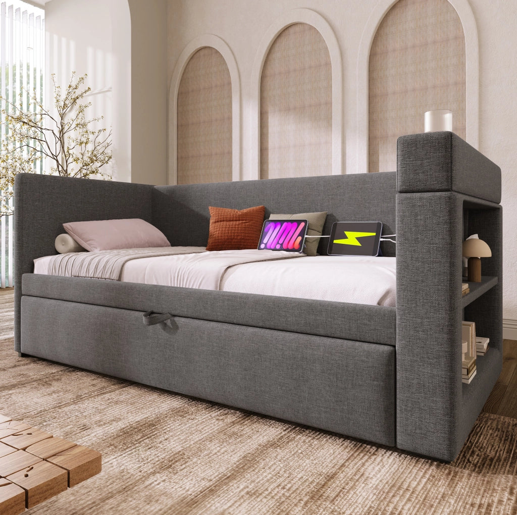 Divano letto con letto estraibile 90x190 cm; 3 USB; Type-C; grigio