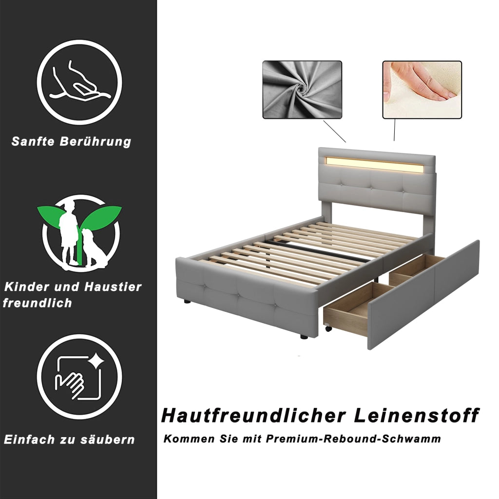 LETTO 90x200 cm con LED e 2 cassetti in tessuto grigio