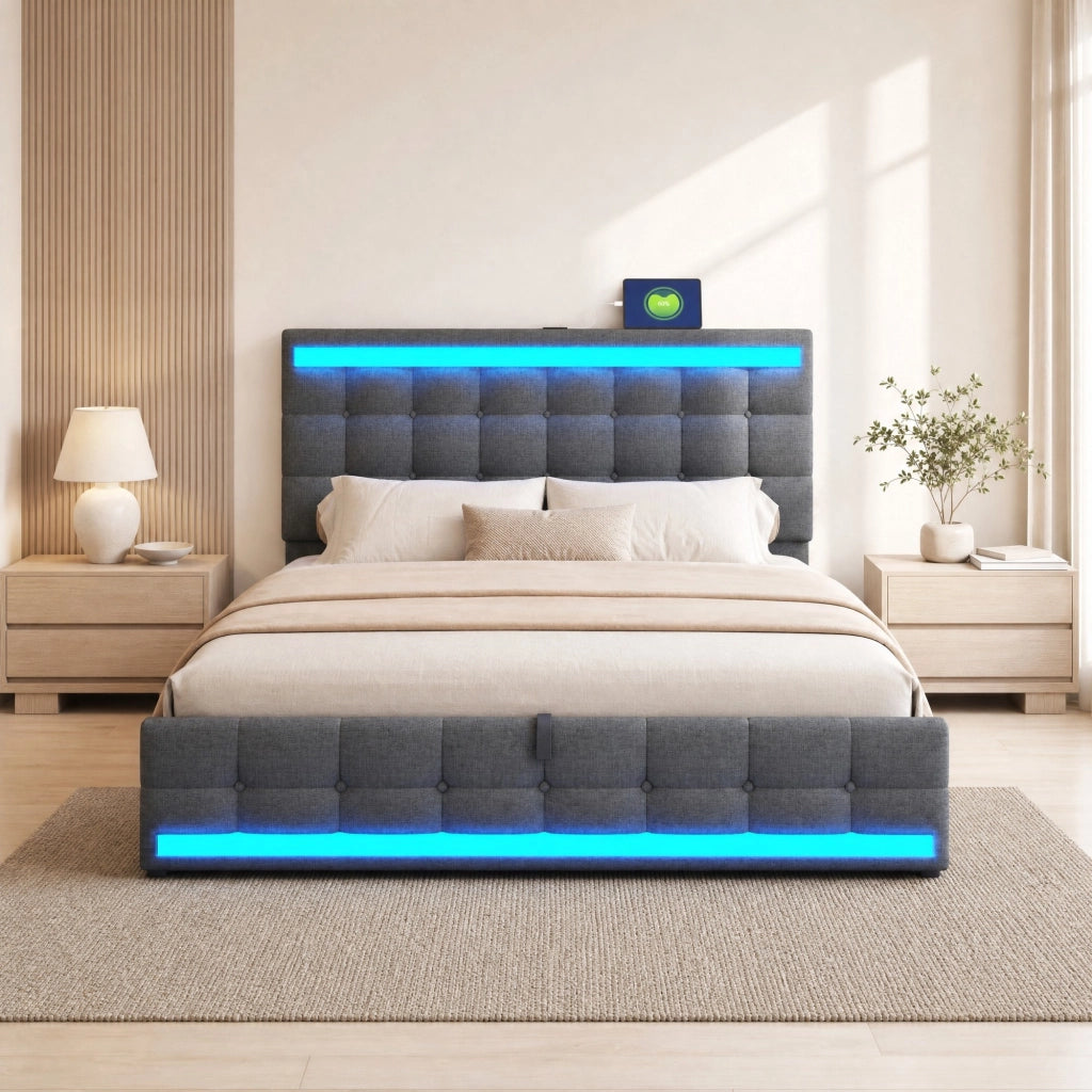 LETTO imbottito 180x200 cm grigio con LED RGB e porte USB