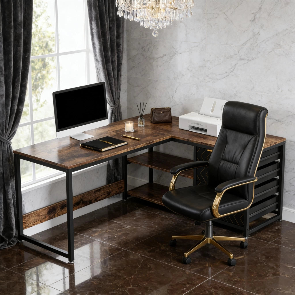 SCRIVANIA ANGOLARE L-Form, con 2 ripiani e 4 cassetti, Nero/Marrone