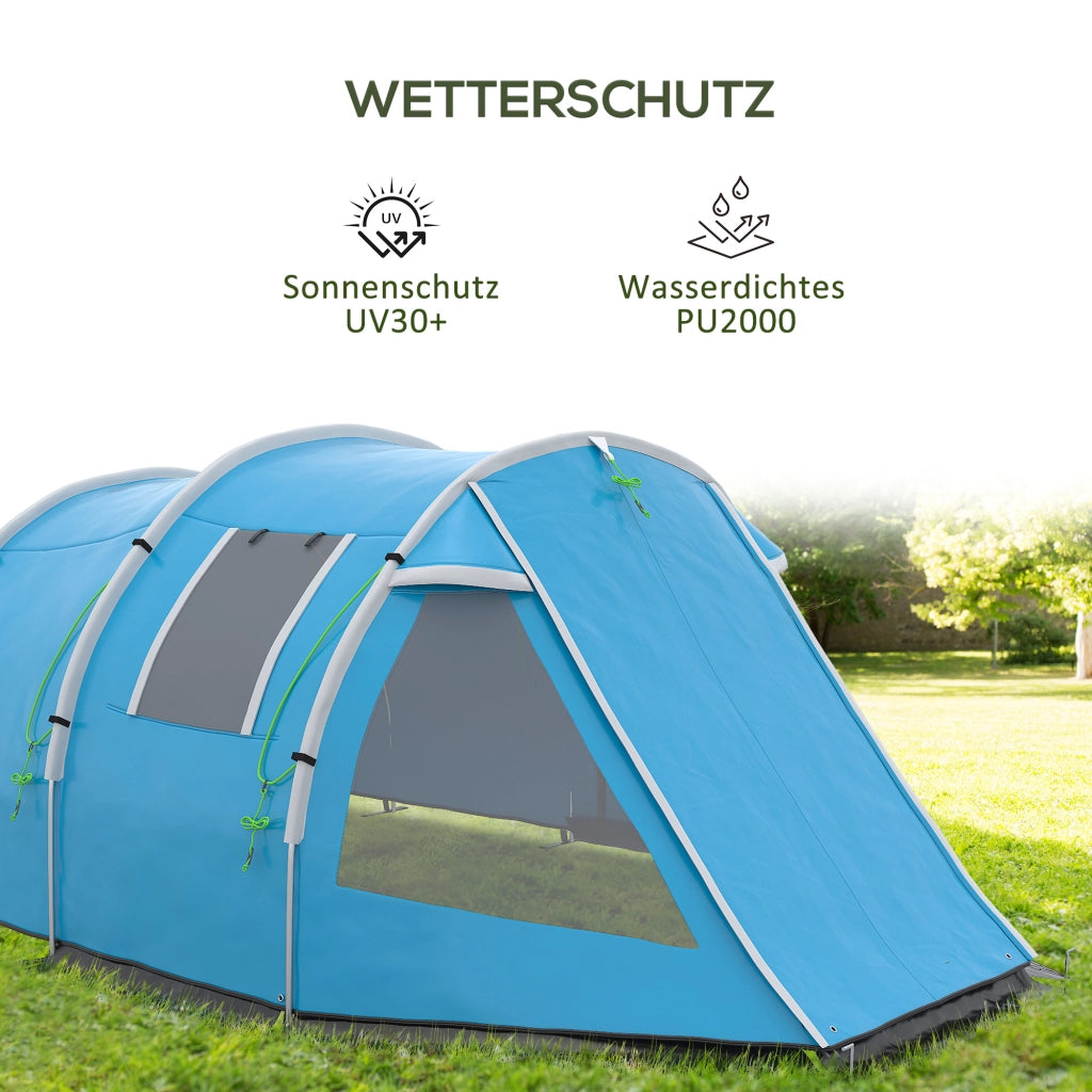 Tenda a tunnel, tenda da campeggio per 4 persone con 2 stanze, protezione UV, finestre, borsa per il trasporto, colonna d'acqua 2000 mm, blu
