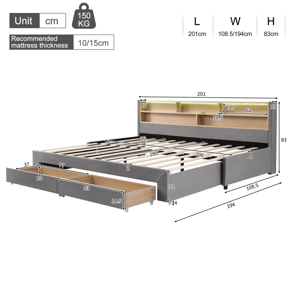 LETTO Estraibile 90x200 cm in velluto grigio con cassetti, USB e LED