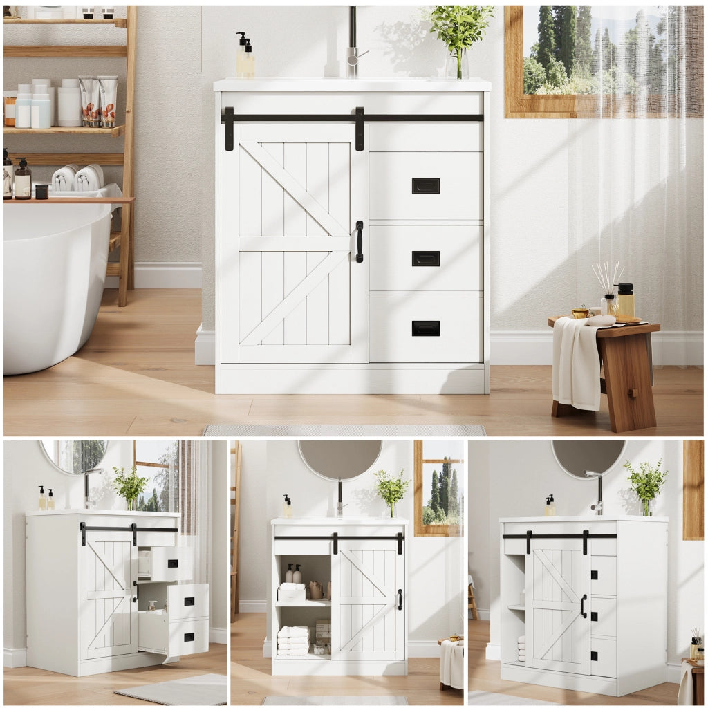 Mobile bagno con lavabo in ceramica; ante e cassetti; in MDF e metallo; per bagno; bianco 76×46.5×87.5 cm