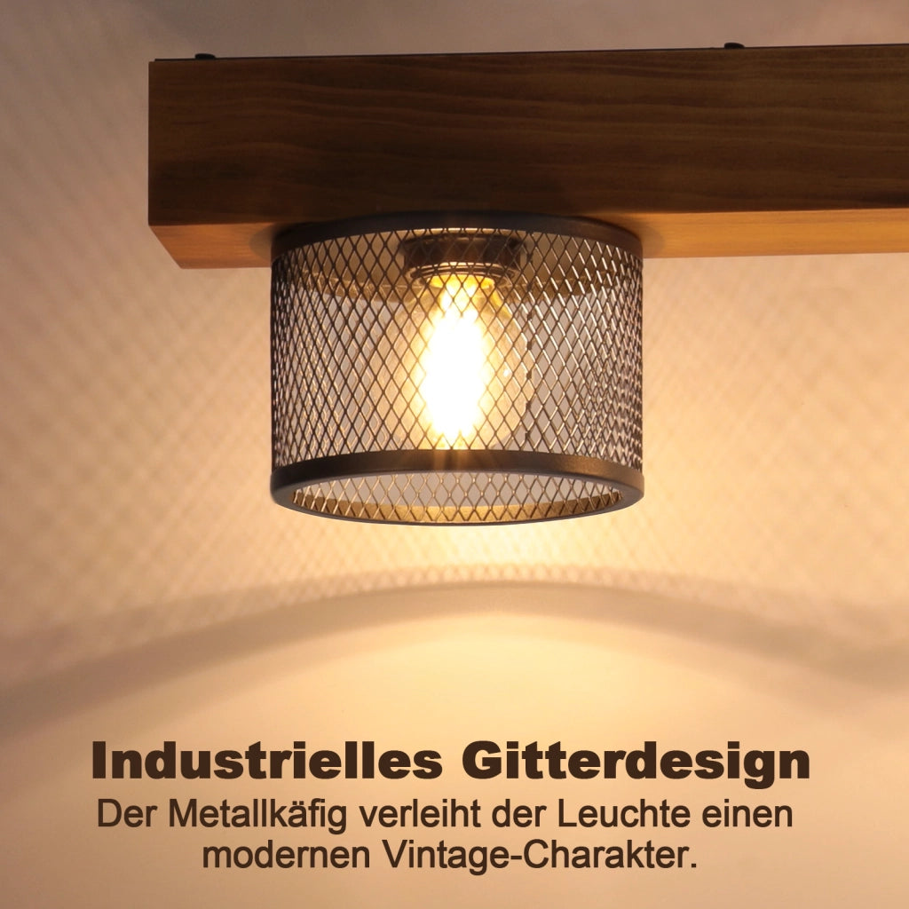 ZMH Lampada da Soffitto Vintage Legno E14 3 Luci Metallo Gitterschirm Industriale per Soggiorno Camera Senza Lampadina