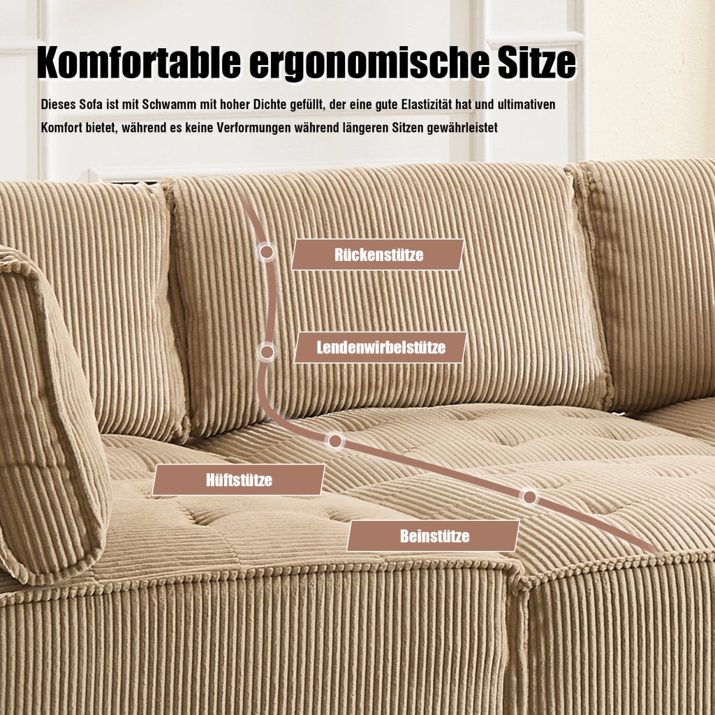 OKWISH Divano Modulare 6 Posti, Design Ergonomico con Tasche Laterali, Configurabile a U, ad Angolo o Letto, Velluto a Coste, Cachi