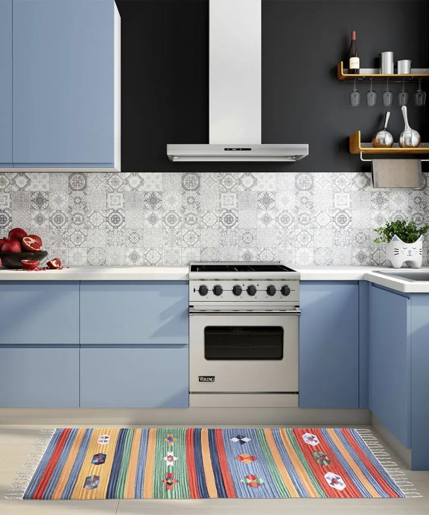 Tappeto KELIM 05 disegni etnici orientali colori vivaci cm.90x150 tessuto e frangia 100% cotone, lavabile in lavatrice