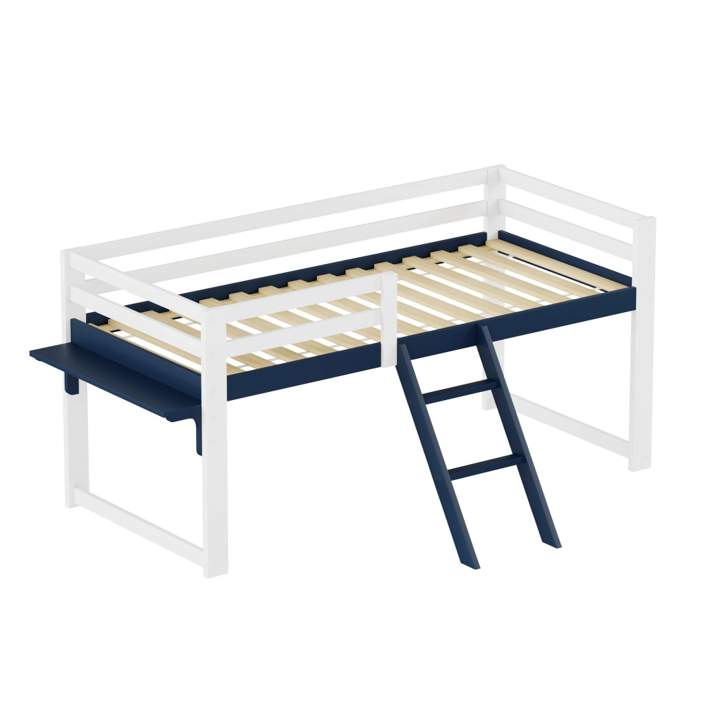 Letto a soppalco per bambini 90x200 cm in legno massello di pino, letto per bambini con sistema anticaduta, scaletta fissa e tavolino contenitore, ret