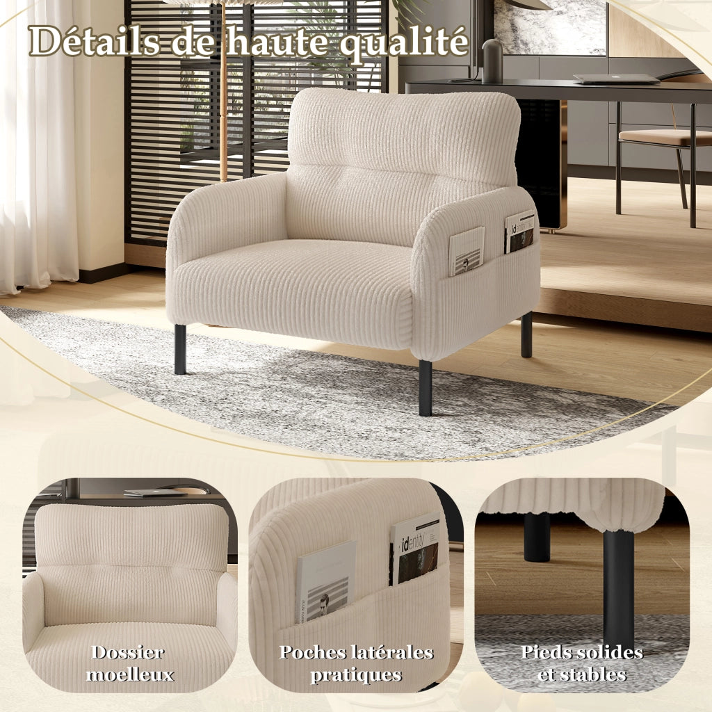Poltrona Singola con Seduta Profonda con Tasche Laterali Comfort Ergonomico Struttura Metallo in Velluto a Coste Beige