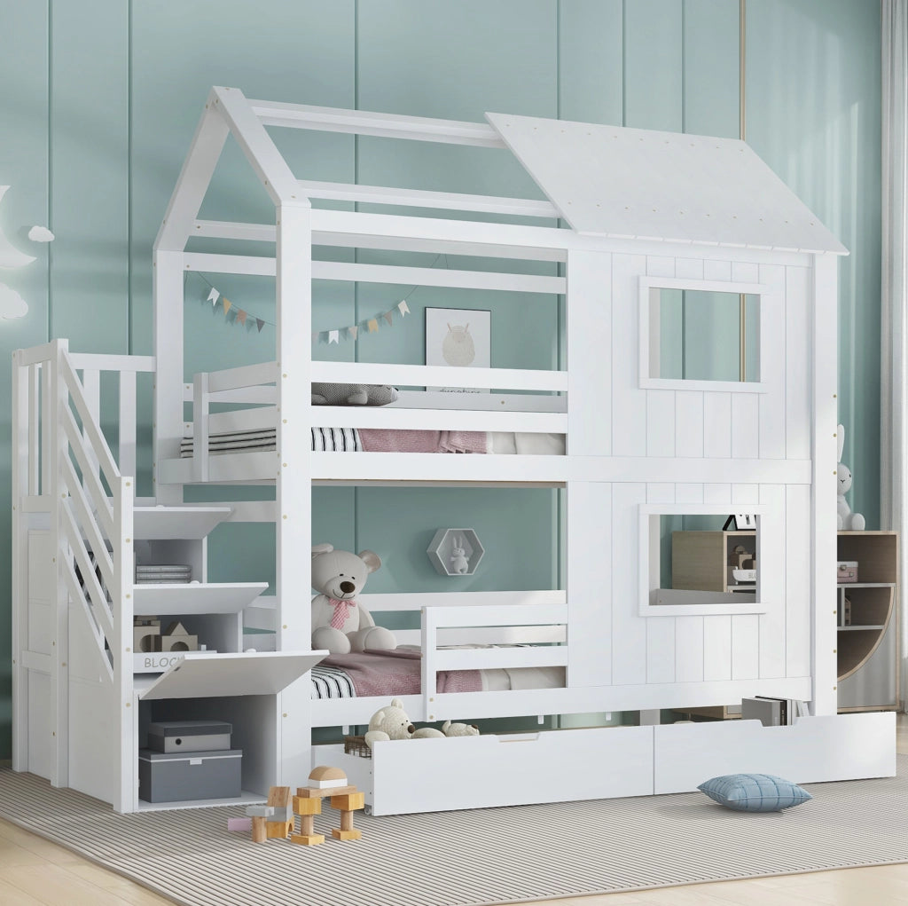 Letto a castello per bambini con scala contenitore e cassetto su ruote