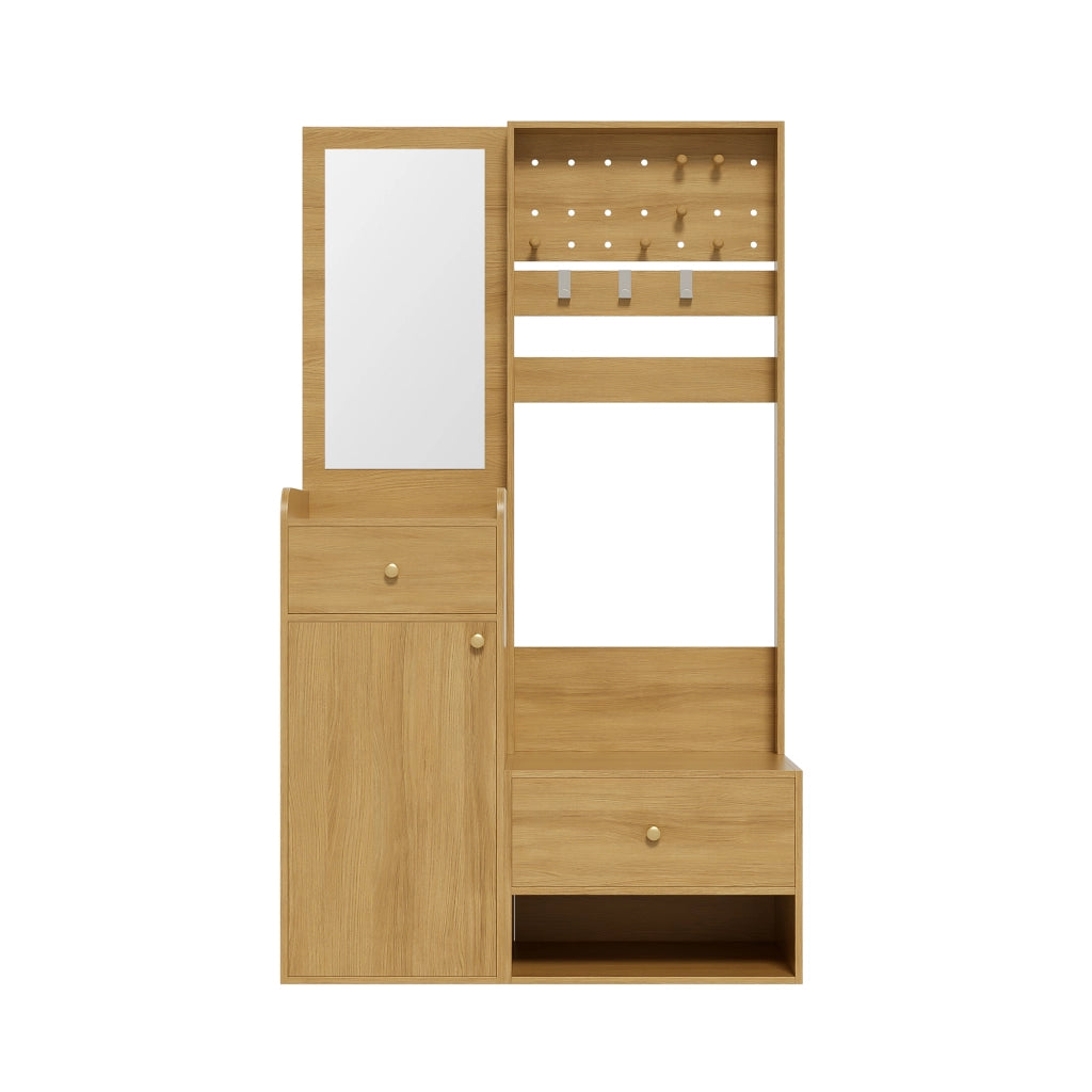 OKWISH Mobile da Ingresso con Specchio, 2 Cassetti, 1 Armadietto, Ripiani Aperti e Ganci Regolabili, Legno, 105 x 38 x 180 cm