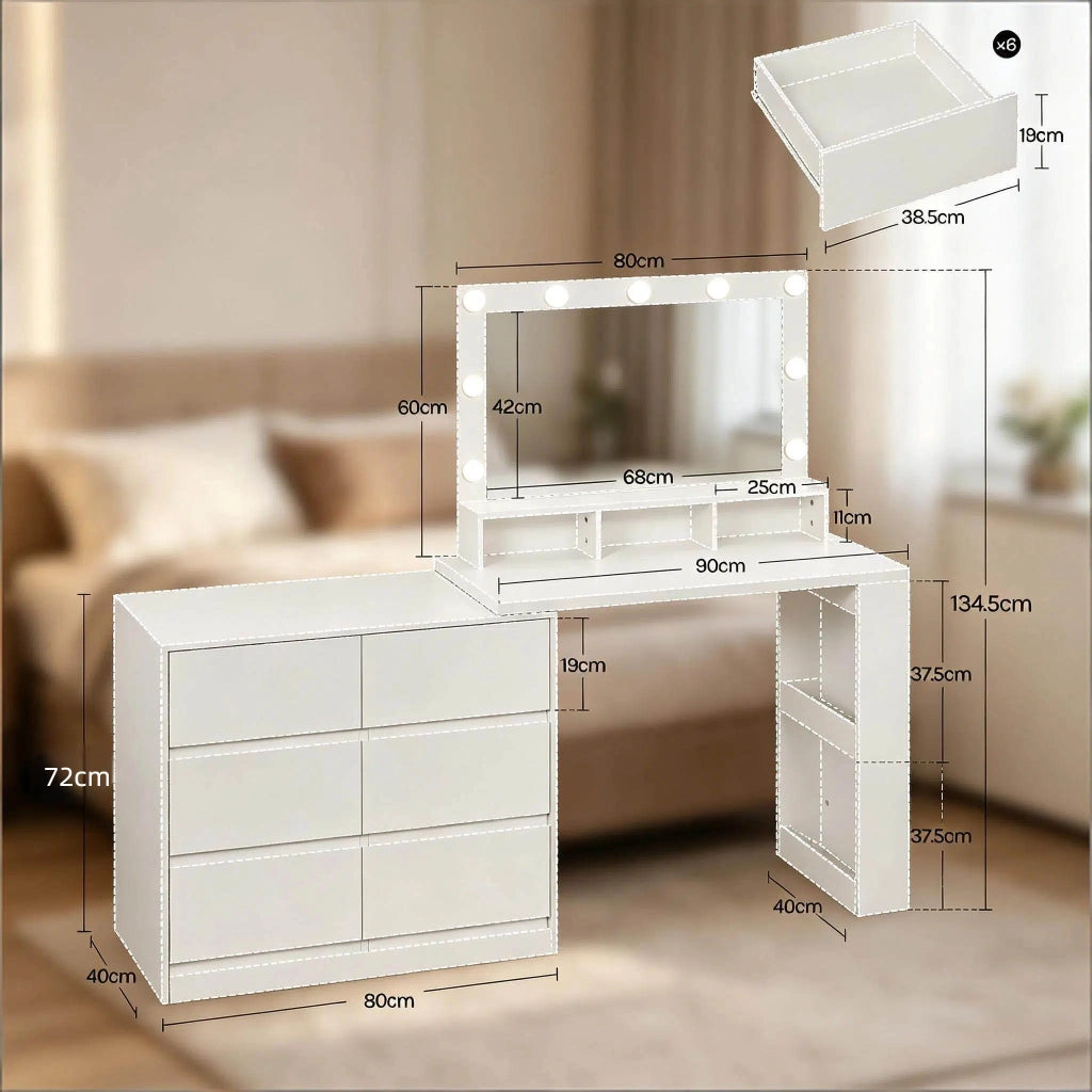 Toeletta 2 in 1 con specchio LED e mobile laterale con 6 cassetti bianca per camera da letto e trucco quotidiano