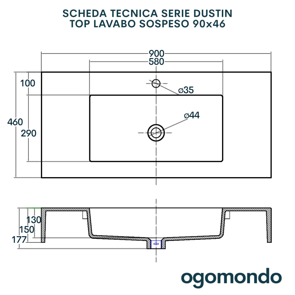 Top lavabo sospeso serie dustin in mineral marmo bianco antracite finitura liscia *** misure 90x46x15 cm, tinta bianc...