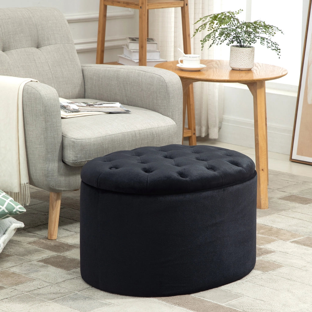 Panca imbottita nera con vano contenitore, in poliestere vellutato e legno di caucci¨´, forma ovale, 71x52x42 cm