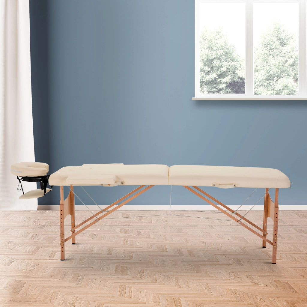 Lettino da massaggio pieghevole ¨C Xylo ¨C regolabile in altezza, ecopelle, legno, bianco crema