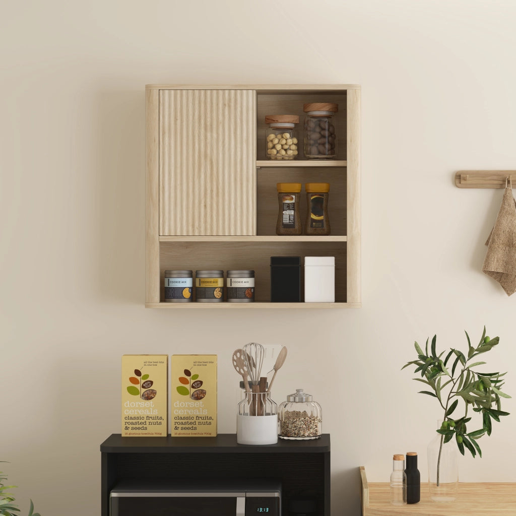 Mobile bagno a parete con ripiani regolabili ¨C Xylo ¨C legno naturale con ante scorrevoli