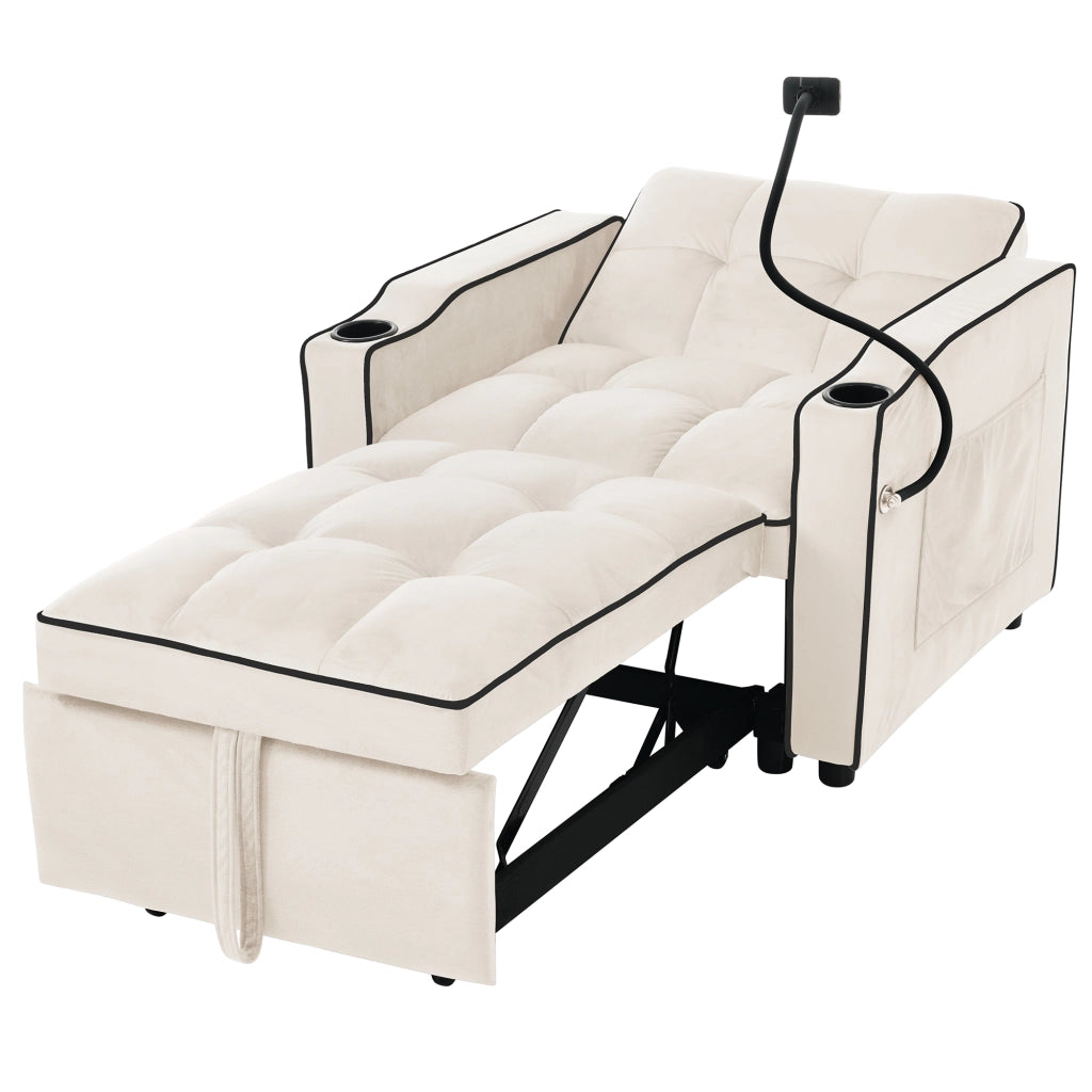 Divano letto singolo 3 in 1 estensibile con portabicchieri, porta cellulare e tasca laterale, beige, 83x167x76 cm