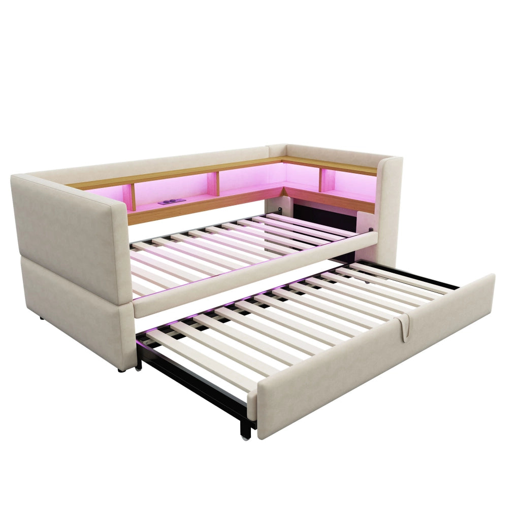 OKWISH Letto Divano Estraibile 90×190 cm e 180×190 cm, Letto Singolo con LED Regolabile, Prese e Scomparti, senza Materasso, Beige