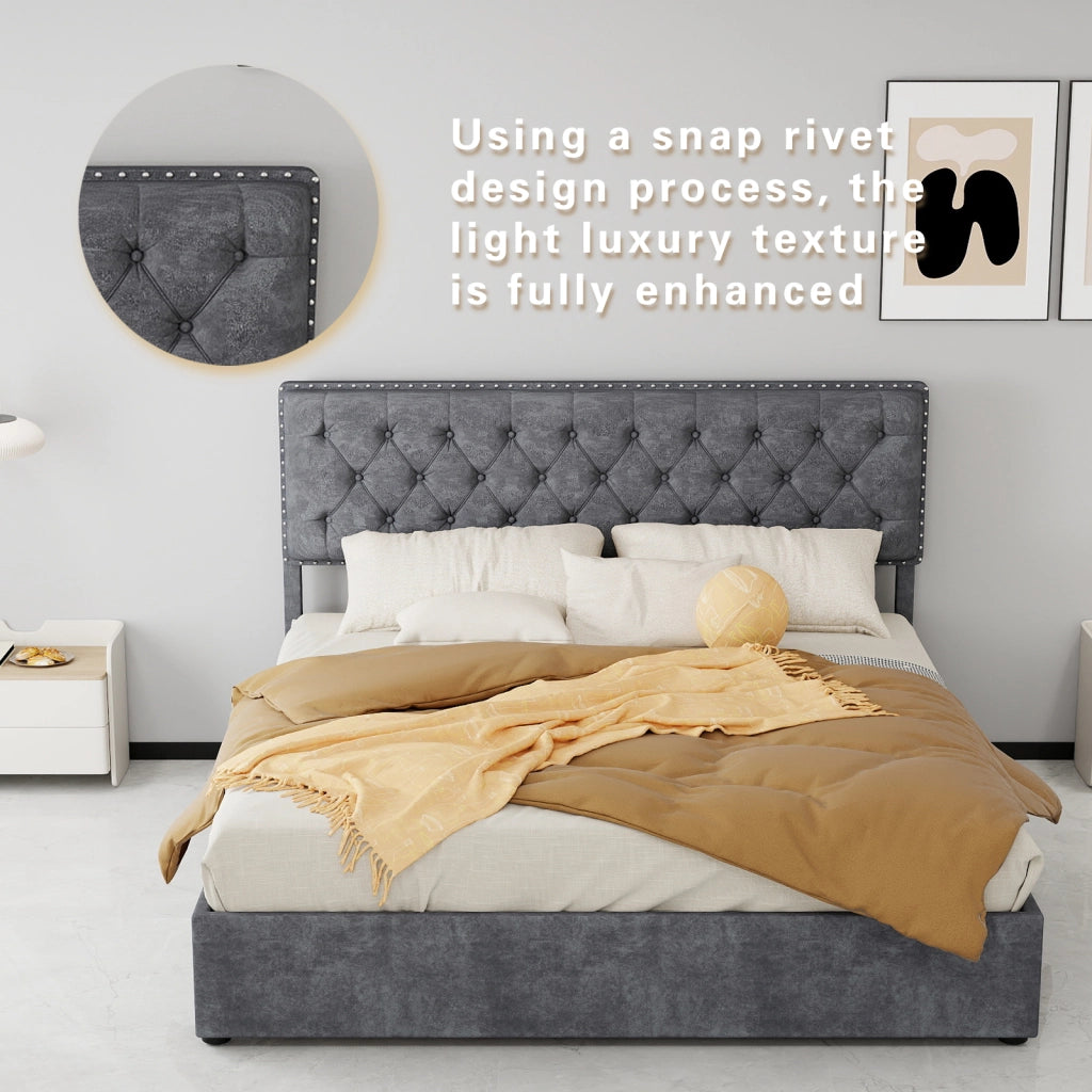 DESMIU Letto contenitore 160 × 200 cm 2 posti con spazio sotto il letto, senza materasso, in tessuto e metallo, grigio