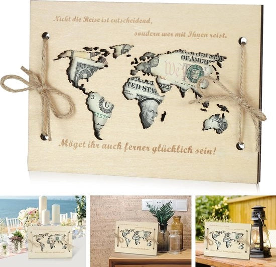 Carta di Matrimonio in Legno Mappa del Mondo - Regalo di Denaro - Regalo di Matrimonio Personalizzato - Confezione Creativa - Colore Naturale del Legno - Dimensioni 205 x 150 x 10 mm - Regalo di Denaro