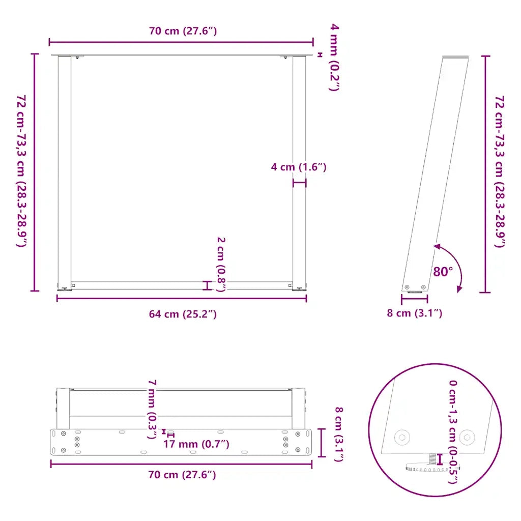 Gambe per tavolo da pranzo a forma di U 2 pz Antracite 70x(72-73) cm Acciaio 4012794