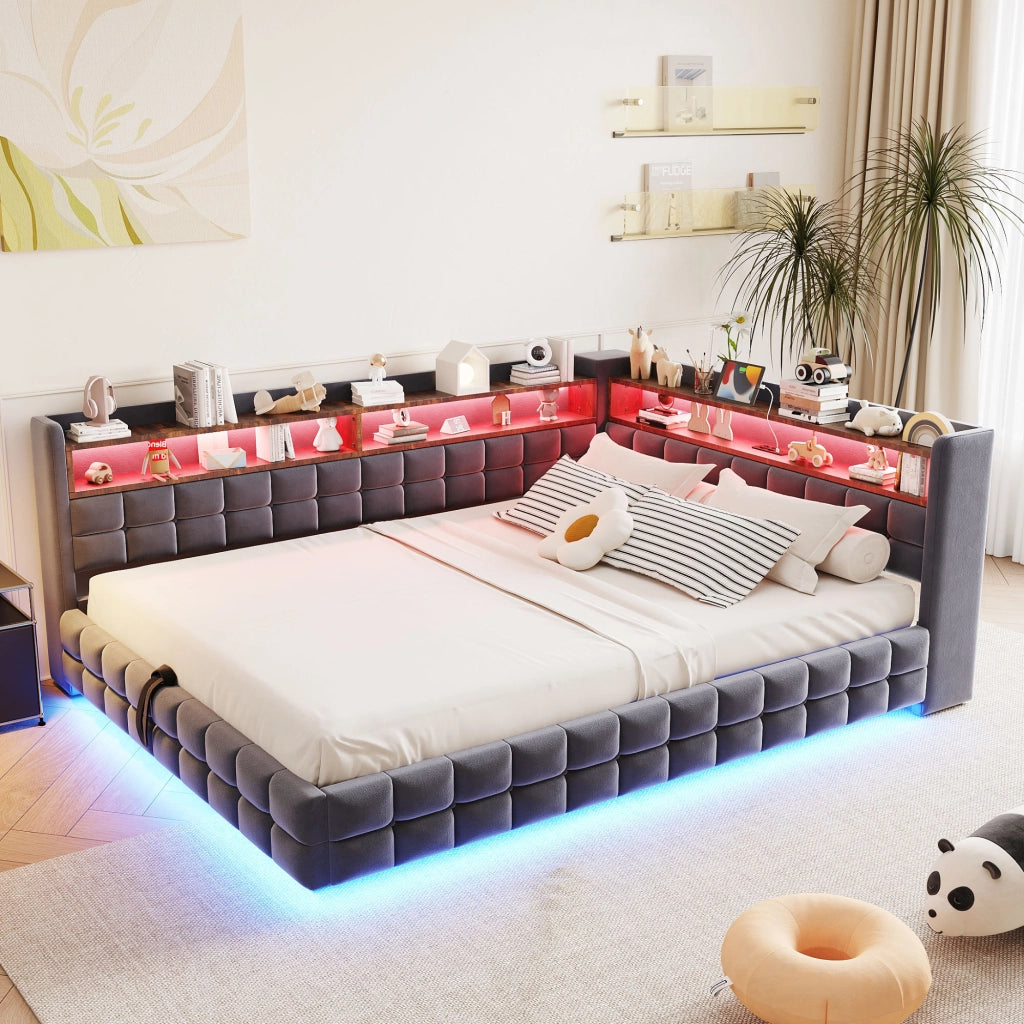 DESMIU Letto imbottito 140 × 200 cm 2 posti con contenitore, USB, Type-C, LED, senza materasso, grigio