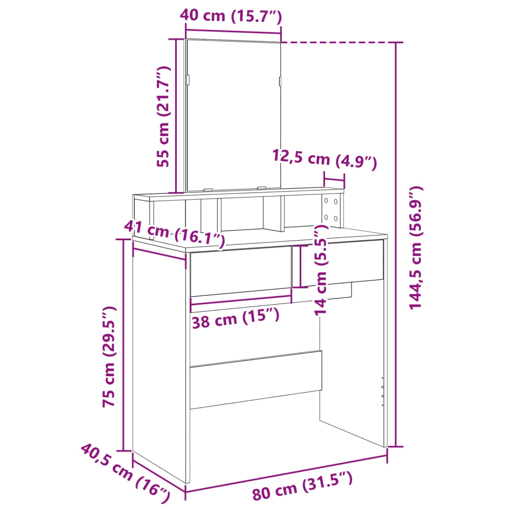 Toeletta | Tavolo da Trucco con Specchio Rovere Fumo 80x41x144,5 cm