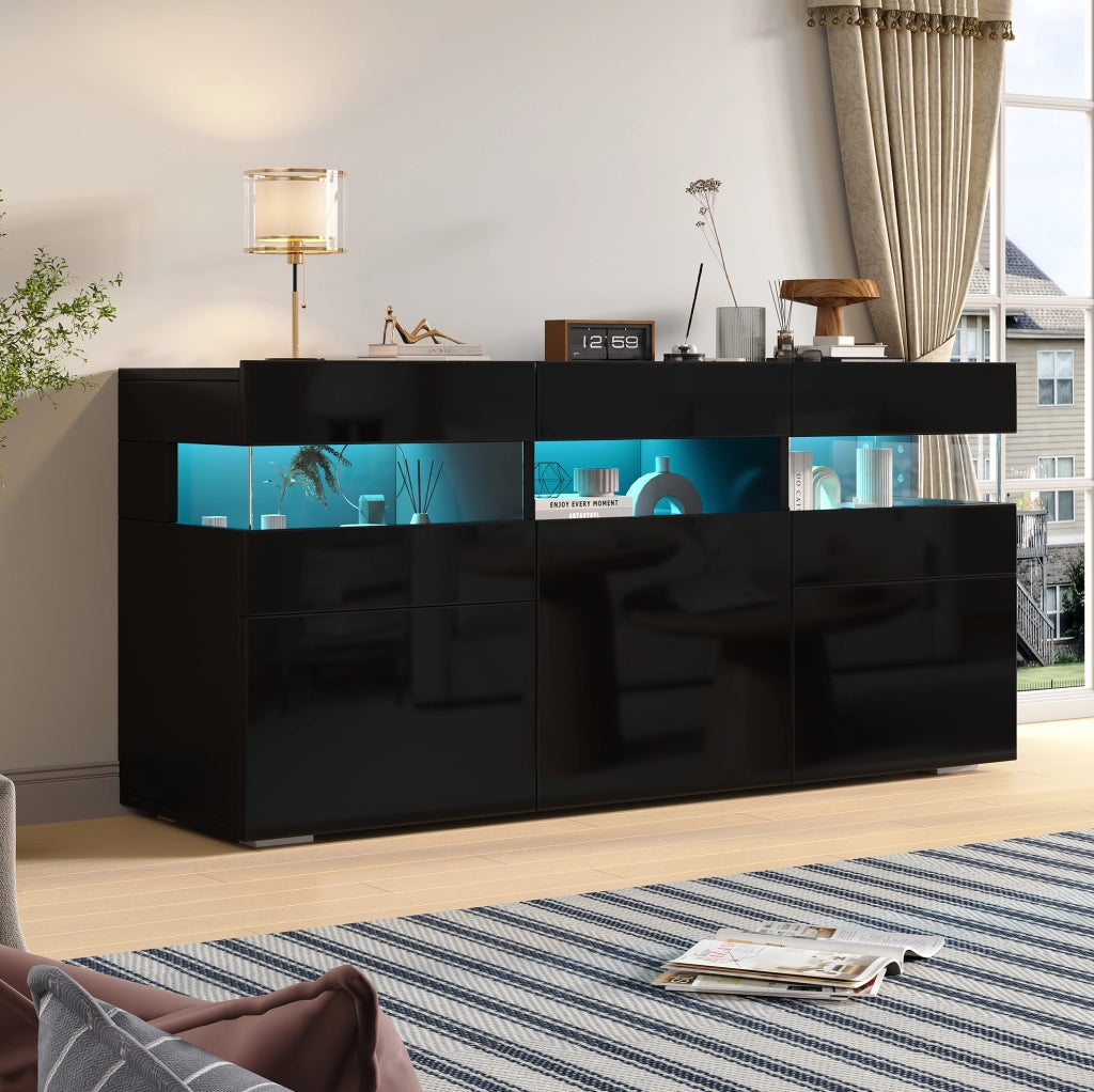 Madia da soggiorno 140 x 40;5 x 66;5 cm con 3 ante; LED controllato da app; nero lucido