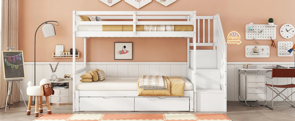 DESMIU Letto a castello 90 × 200 cm 2 posti con letto estraibile, 2 cassetti, senza materasso, in legno bianco