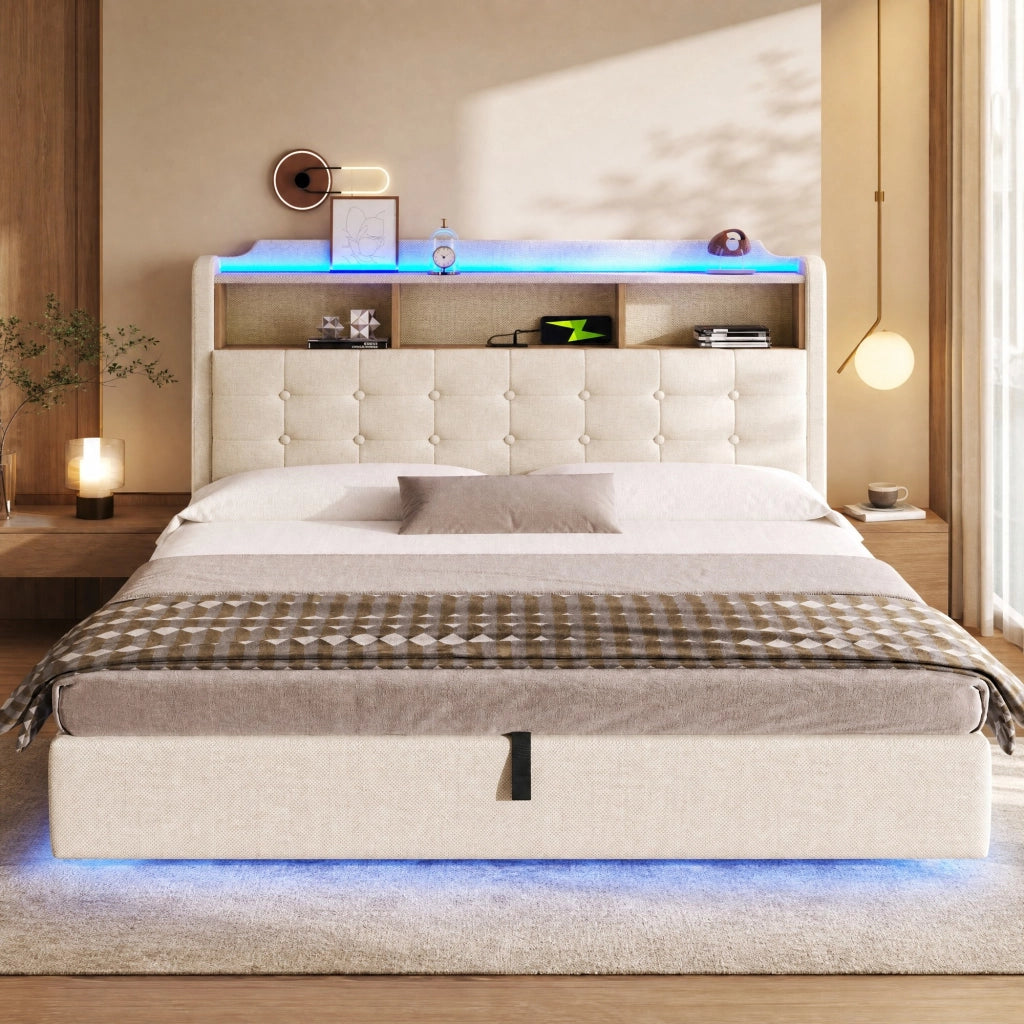 LETTO Imbottito 180x200 cm in lino beige con LED, USB e vano idraulico