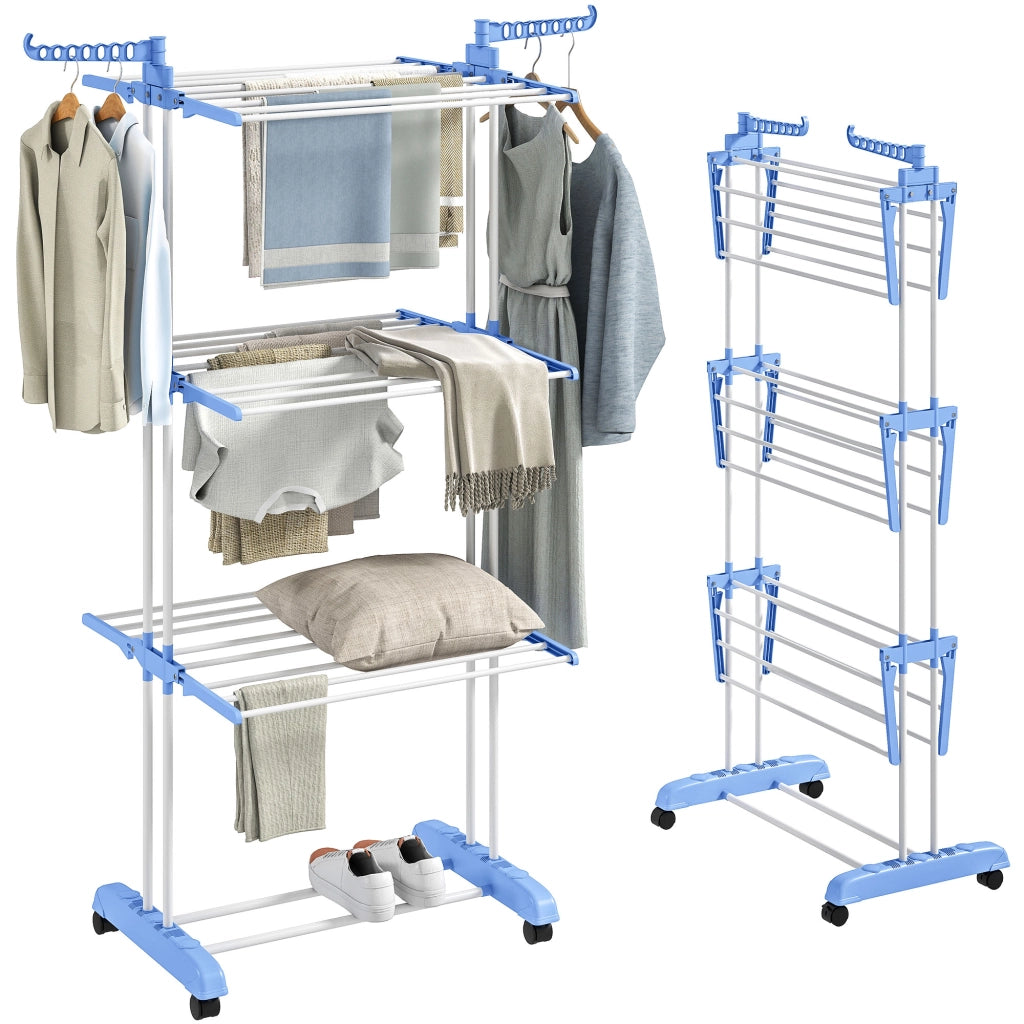 Tenda da Bucato Verticale Pieghevole con Ruote ¨C zephmum ¨C 73x64x172 cm Blu e Bianco
