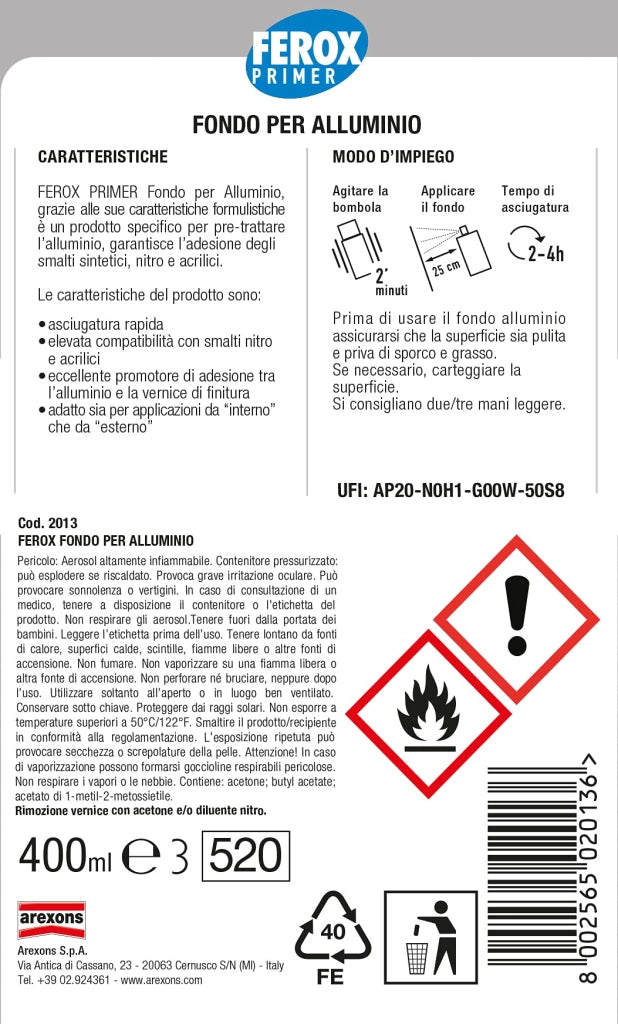 Bomboletta Primer per Alluminio Ferox 400 ml Arexons
