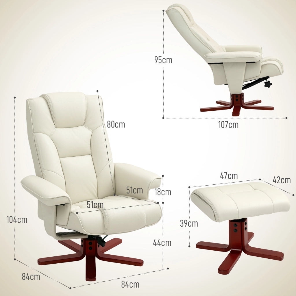 POLTRONA Relax con sgabello 84x84x104 cm Pelle rigenerata Bianco crema Set 2 pezzi